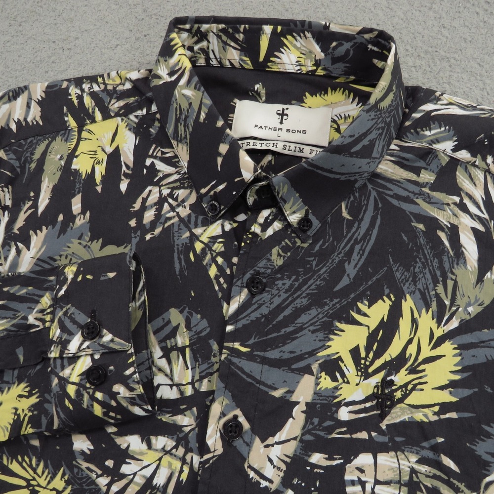 Father Sons Mens Large Stretch Slim Fit Black Yellow Floral Button Down Shirt